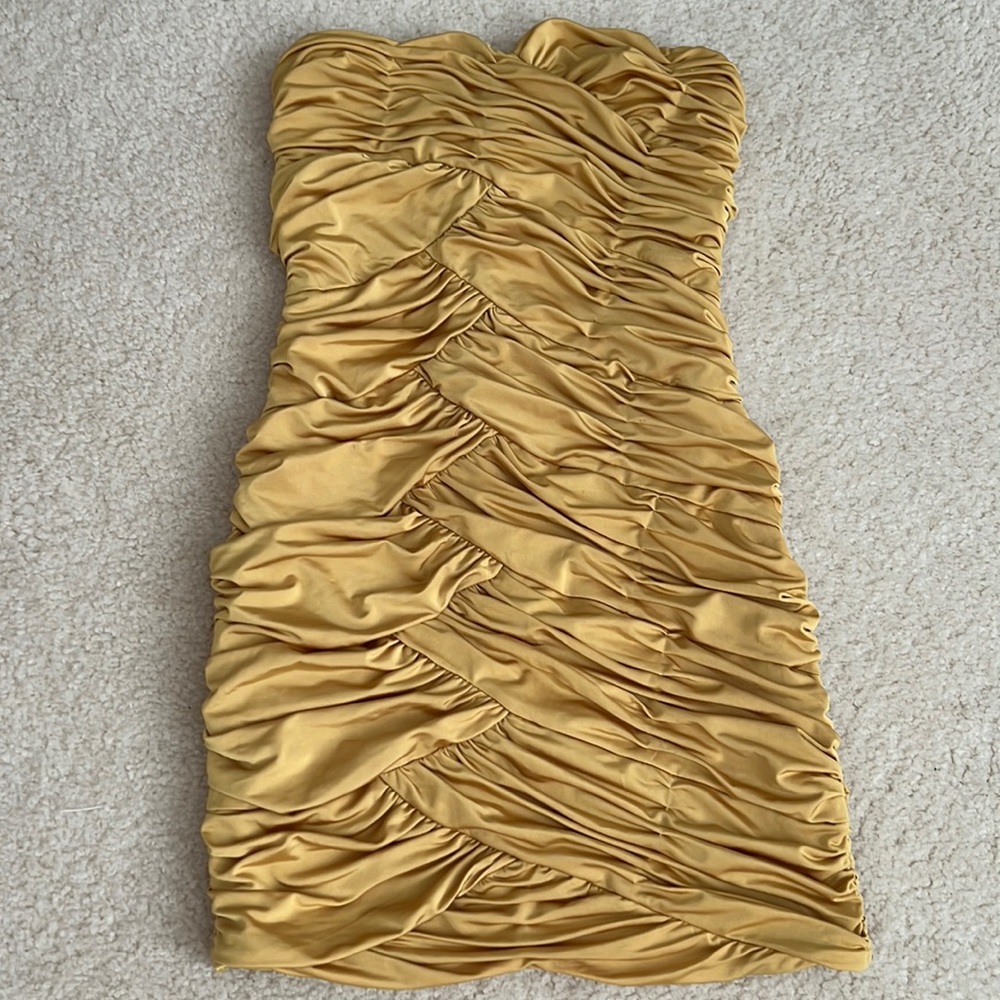 Mustard yellow ruched mini dress